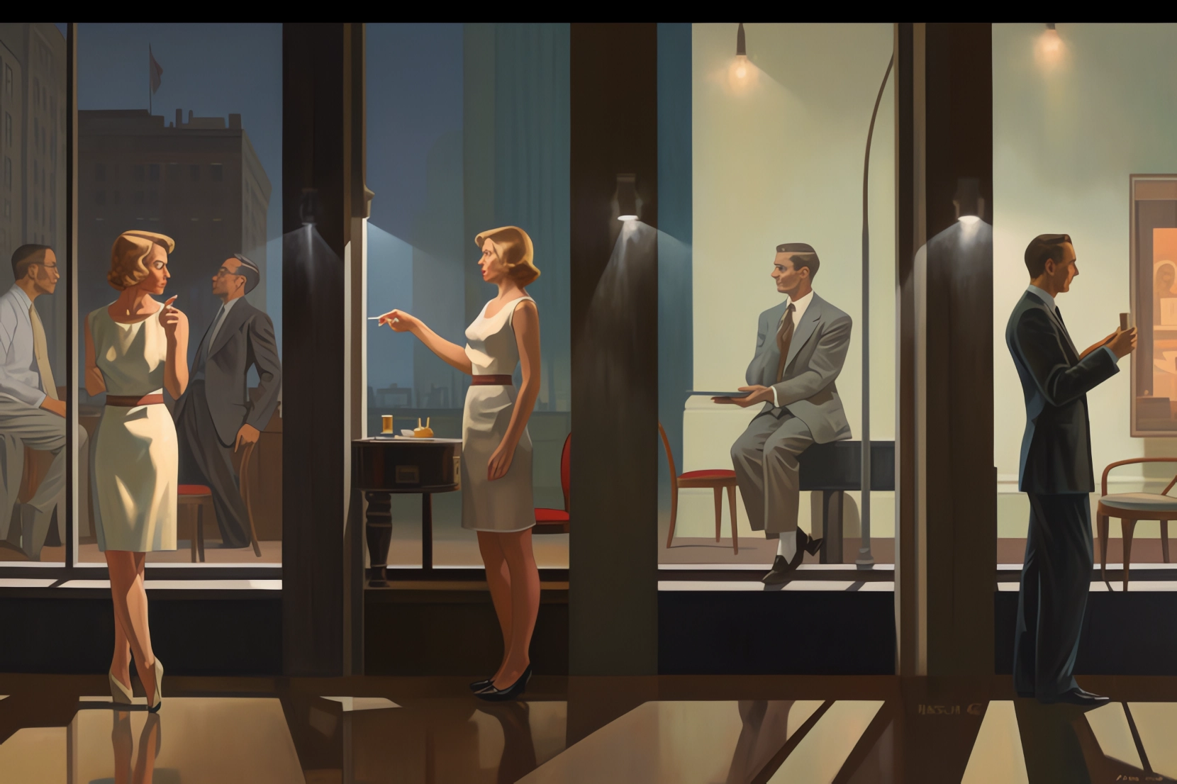 In the style of Edward Hopper. ©With Midjourney - AI & NCCR Evolving Language. 
